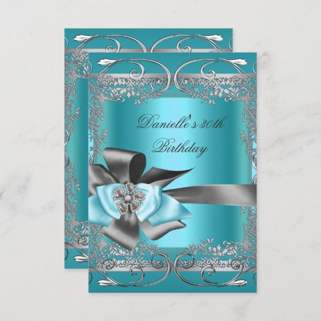 Teal Blue Silver Grey Birthday Party 30th Invitation (Front/Back)