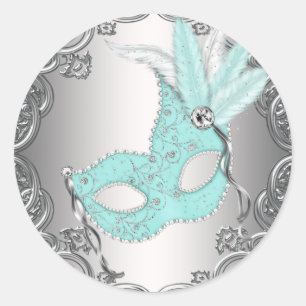 Teal Blue Silver Mask Masquerade Envelope Seal Fav
