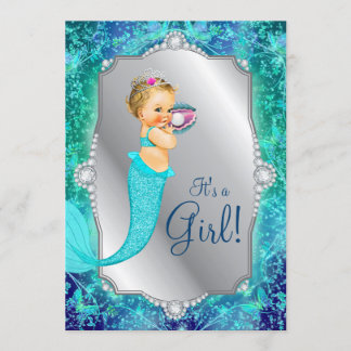 Teal Blue Silver Mermaid Under The Sea Baby Shower Invitation