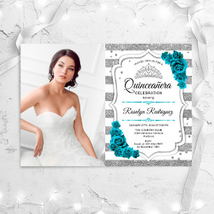 Teal Blue Silver Photo Quinceanera Invitation