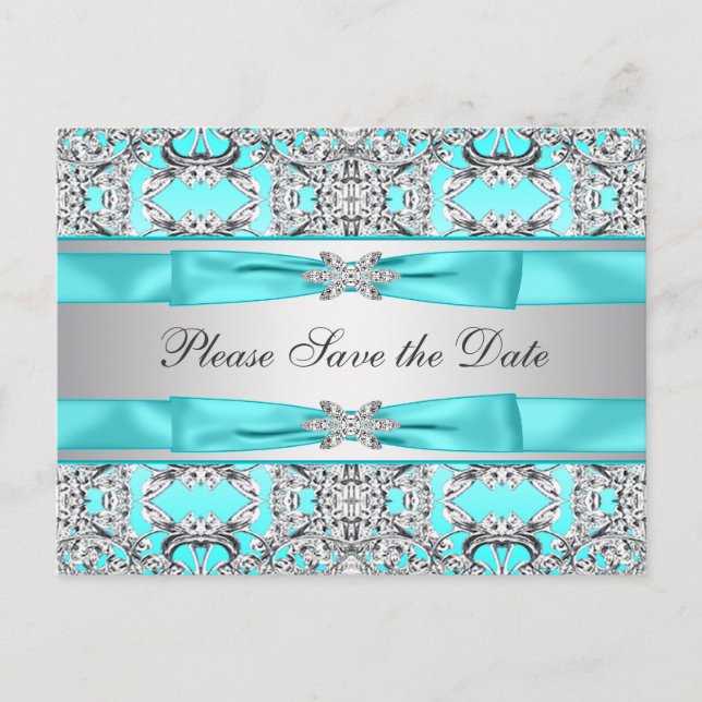 Teal Blue Silver Save The Date Announcement Postcard (Front)