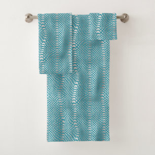Teal Blue Silver Snake Print Bath Towel Set