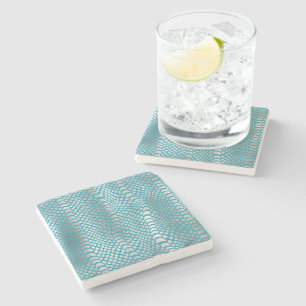 Teal Blue Silver Snake Print Stone Coaster