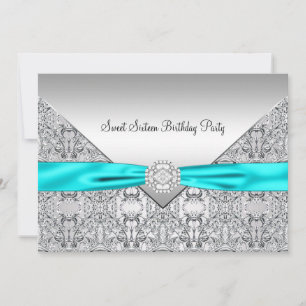 Teal Blue Silver Sweet Sixteen Party Invitation