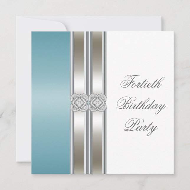 Teal Blue Silver White Classy 40th Birthday Party Invitation (Front)