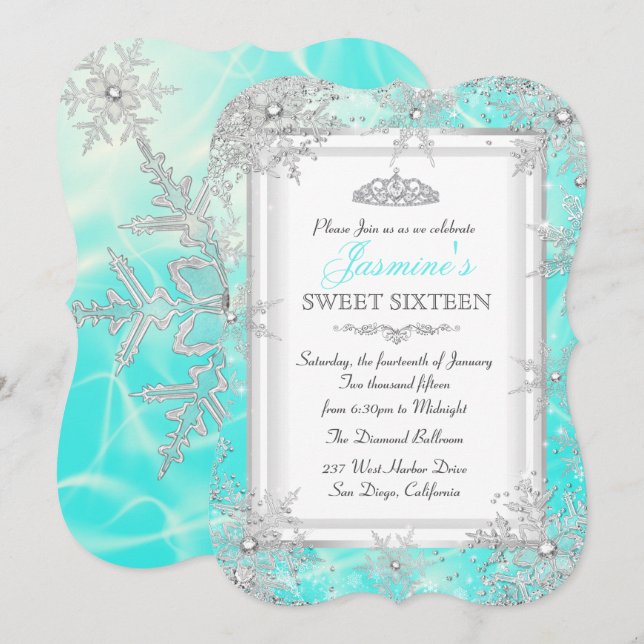 Teal Blue Silver Winter Wonderland Sweet 16 Party Invitation (Front/Back)