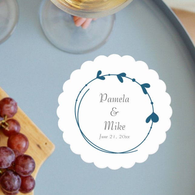 Teal Blue Simple Heart Wreath Wedding Paper Coaster (In Situ Wedding)