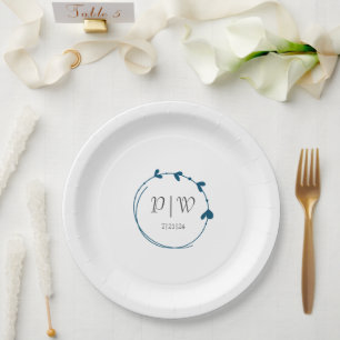 Teal Blue Simple Monogram Heart Wreath Wedding Paper Plate
