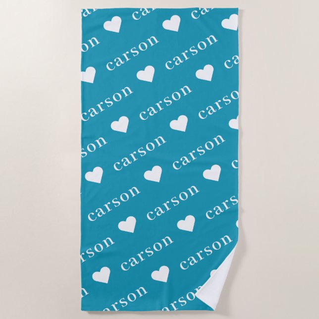 Teal Blue Simple Personalised Repeating Name Beach Towel (Front)