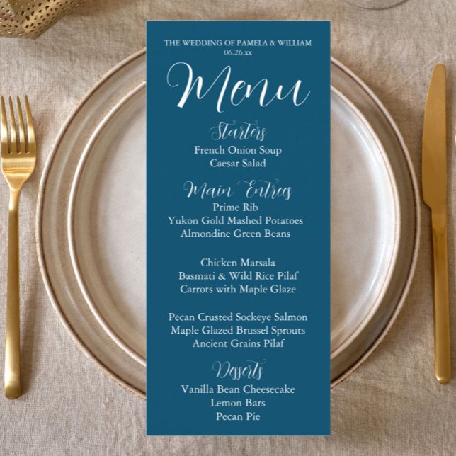 Teal Blue Simple Style Wedding Dinner Menu (In Situ Table)