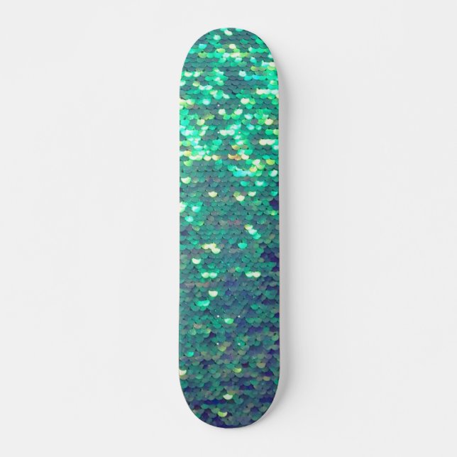 teal blue simulated sequin skateboard (Front)