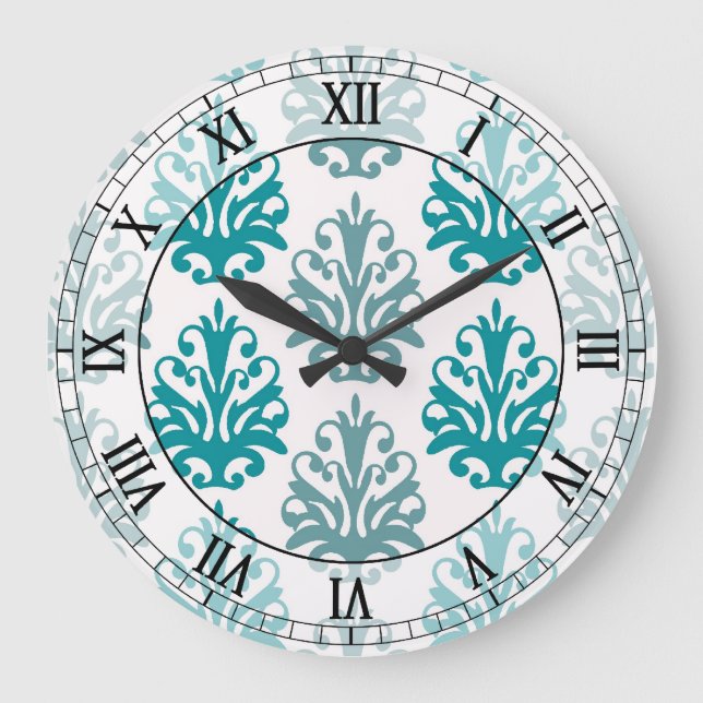 teal blue slate blue white damask roman numerals large clock (Front)