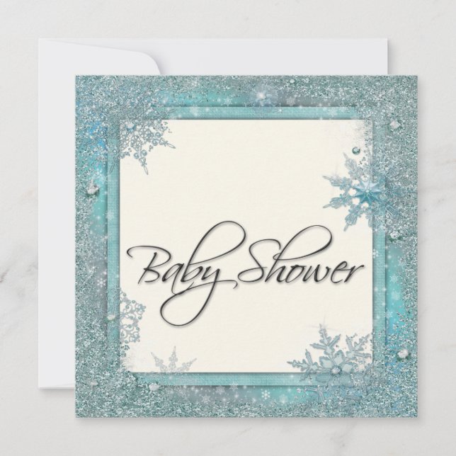 Teal Blue Snowflake Baby Shower Invitations (Front)