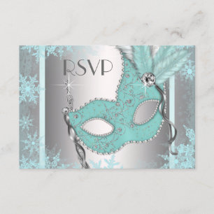 Teal Blue Snowflake Masquerade Party RSVP Card