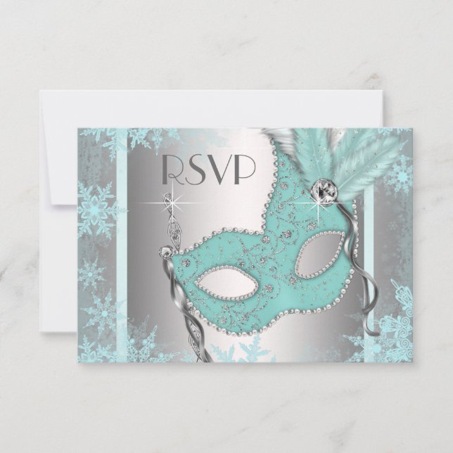 Teal Blue Snowflake Masquerade Party RSVP Card (Front)