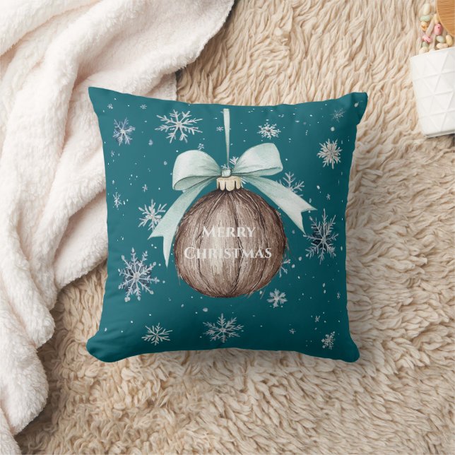 Teal Blue Snowflakes Christmas Coconut Bow Cushion (Blanket)