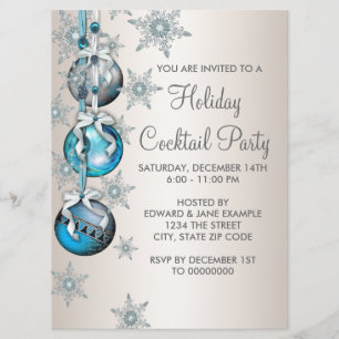 Teal Blue Snowflakes Ornaments Christmas Party Invitation