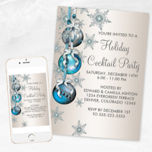 Teal Blue Snowflakes Ornaments Christmas Party Invitation