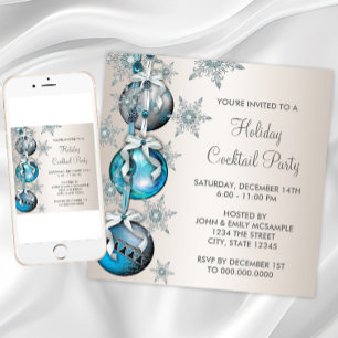 Teal Blue Snowflakes Ornaments Christmas Party Invitation