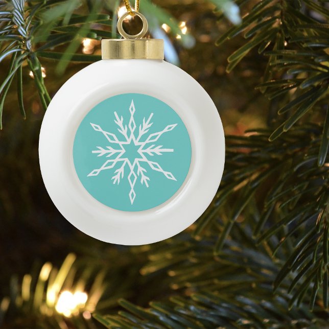 Teal Blue Snowflakes Pattern Soft Winter Frost Ceramic Ball Christmas Ornament (Creator Uploaded)
