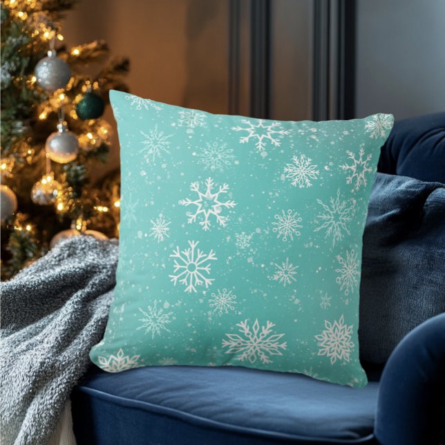 Teal Blue Snowflakes Pattern Soft Winter Frost Cushion (Creator Uploaded)
