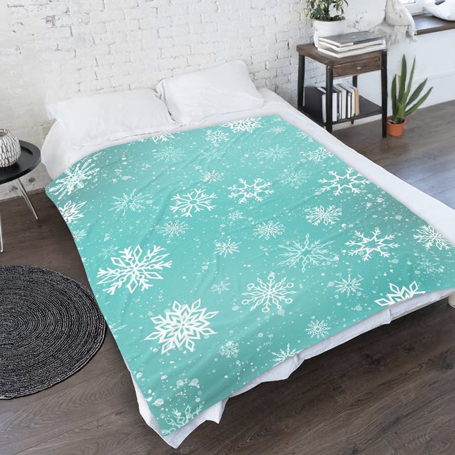 Teal Blue Snowflakes Pattern Soft Winter Frost Fleece Blanket (Creator Uploaded)