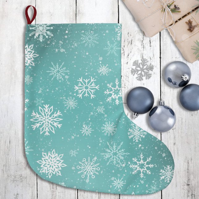 Teal Blue Snowflakes Pattern Soft Winter Frost Large Christmas Stocking (Creator Uploaded)