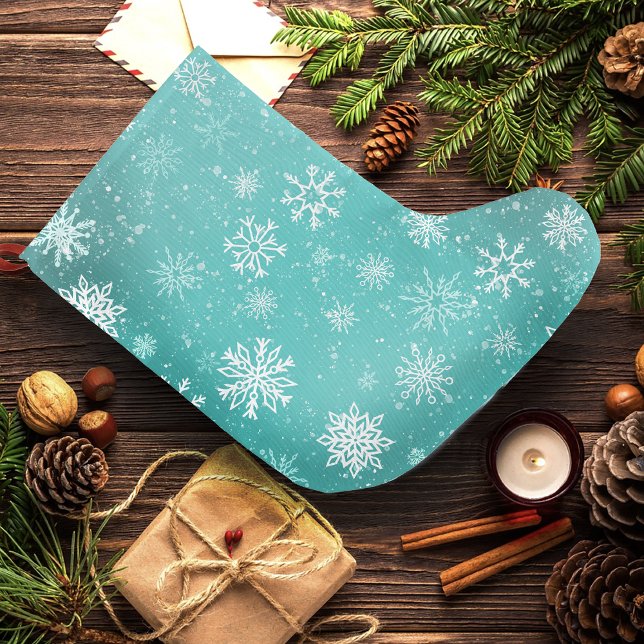 Teal Blue Snowflakes Pattern Soft Winter Frost Large Christmas Stocking (Creator Uploaded)