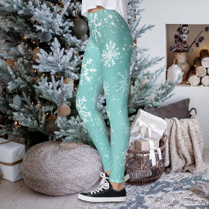 Teal Blue Snowflakes Pattern Soft Winter Frost Leggings