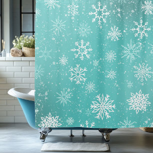 Teal Blue Snowflakes Pattern Soft Winter Frost Shower Curtain
