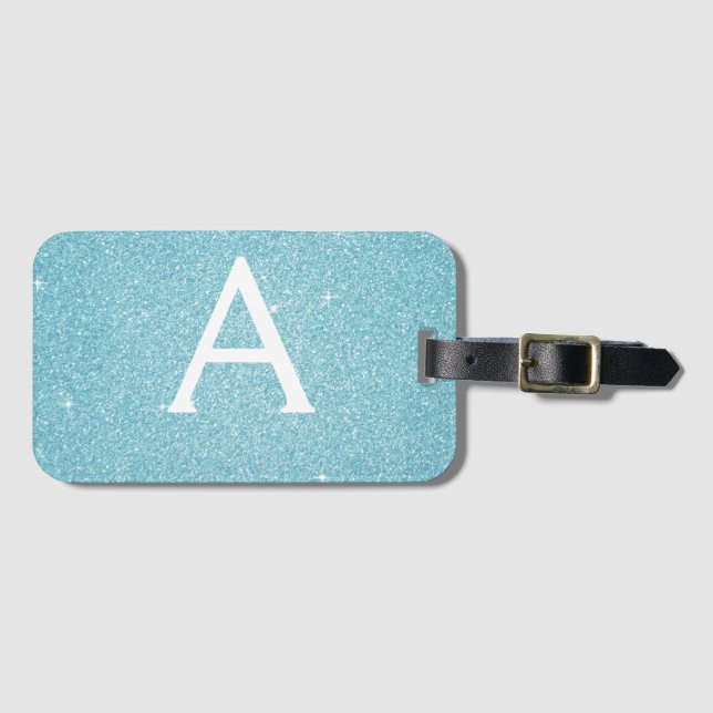 Teal Blue Sparkle Glitter Monogram Name Luggage Tag (Front Horizontal)