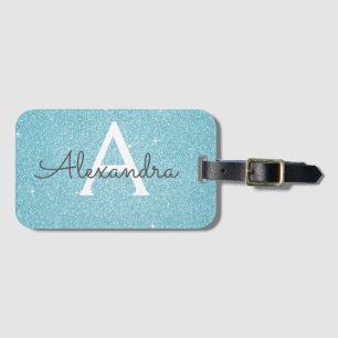 Teal Blue Sparkle Glitter Monogram Name Luggage Tag