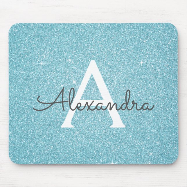 Teal Blue Sparkle Glitter Monogram Name Mousepad (Front)