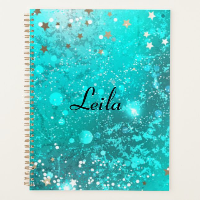 Teal Blue Sparkly Glitter Name Aqua  Planner (Front)
