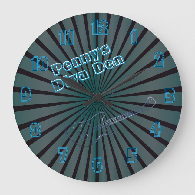 Teal Blue Spiral Guitar Diva Den Personalised Large Clock (Front)