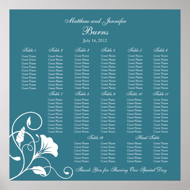 Teal Blue Square Wedding Reception Seating Chart (Front)