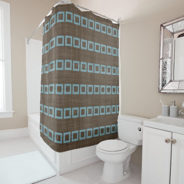 Teal Blue Squares Pattern On Dark Coffee Brown Shower Curtain (In Situ)