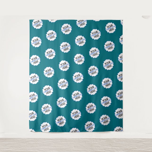 Teal Blue Step and Repeat Backdrop Business Logo Tapestry (Front)