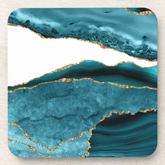 Teal Blue Stone Gold Metallic Stone Coaster (Front)