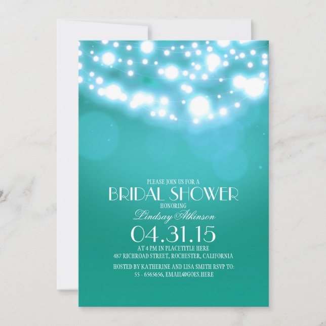 teal blue string lights vintage bridal shower invitation (Front)
