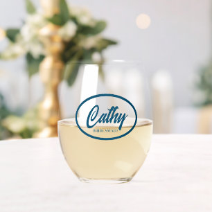 Teal Blue Stylised Name Wedding Bridesmaid Stemless Wine Glass
