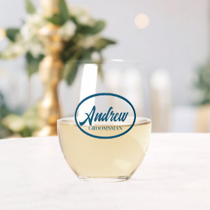 Teal Blue Stylised Name Wedding Groomsman Stemless Wine Glass