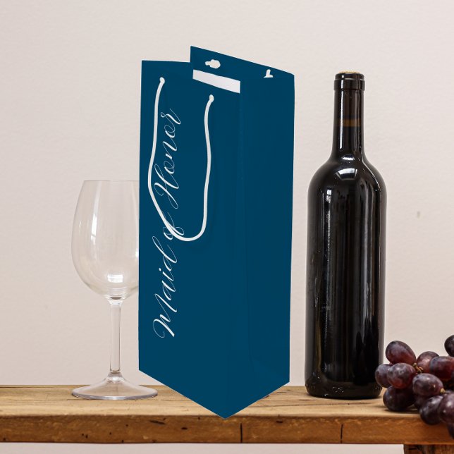 Teal Blue Stylised Script Maid of Honour Wine Gift Bag (In Situ)