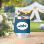 Teal Blue Stylised Wedding Best Man<br><div class="desc">Gift your wedding best man with this trendy and personalised, stainless steel wine tumbler with his name in stylised script inside a white, oval design. Background colour and script is a teal blue colour. Personalise your wine tumbler by editing and replacing name with desired name. Available in many, popular wedding...</div>