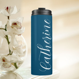 Teal Blue Stylised Wedding Bridesmaid Name Thermal Tumbler