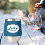 Teal Blue Stylised Wedding Groomsman Name<br><div class="desc">Gift your wedding groomsman with this trendy and personalised, stainless steel wine tumbler with his name in stylised script inside a white, oval design. Background colour and script is a teal blue colour. Personalise your wine tumbler by editing and replacing name with desired name. Available in many, popular wedding colour...</div>