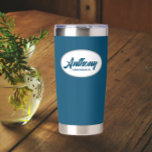 Teal Blue Stylised Wedding Groomsman Name Insulated Tumbler<br><div class="desc">Gift your wedding groomsman with this trendy and personalised,  stainless steel,  thermal tumbler with his name in stylised script in a white oval design. Background and script is a teal blue colour. Personalise your thermal tumbler by editing and replacing groomsman's name with desired name.</div>