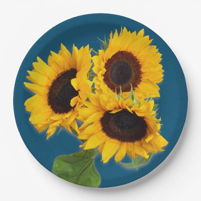 Teal Blue Sunflower Bouquet Disposable Paper Plate (Front)