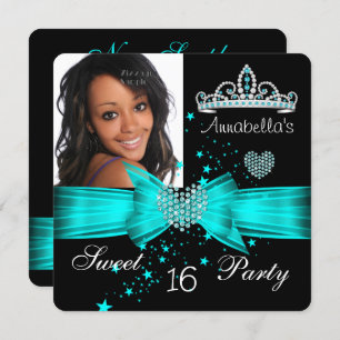 Teal Blue Sweet 16 Birthday Diamond Tiara Photo Invitation