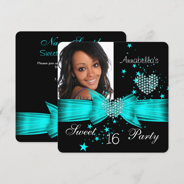 Teal Blue Sweet 16 Birthday Party Diamond Photo Invitation (Front/Back)
